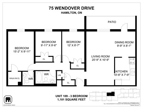 A floor plan for a 1,101 square foot apartment at 75 Wendover Drive, Hamilton, ON.
